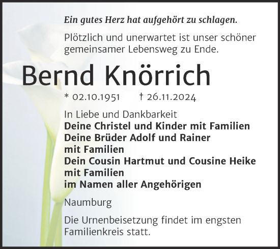 Traueranzeige von Bernd Knörrich von Super Sonntag Naumburg/Nebra