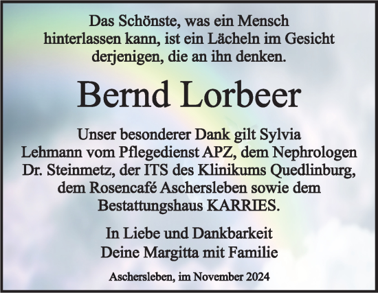 Traueranzeige von Bernd Lorbeer von Trauerkombi Aschersleben