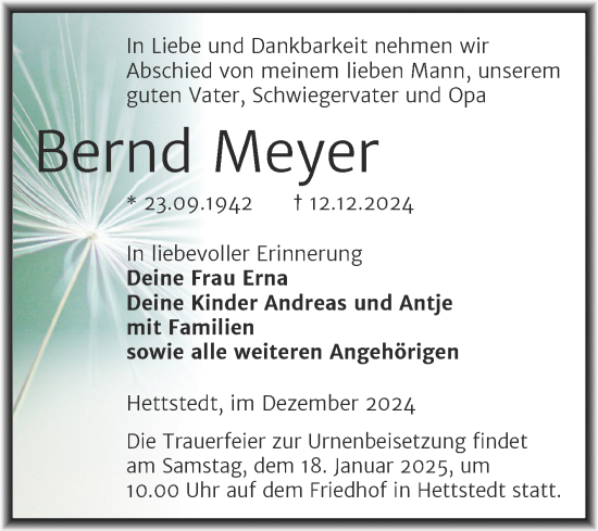 Traueranzeige von Bernd Meyer von Trauerkombi Mansfelder Land