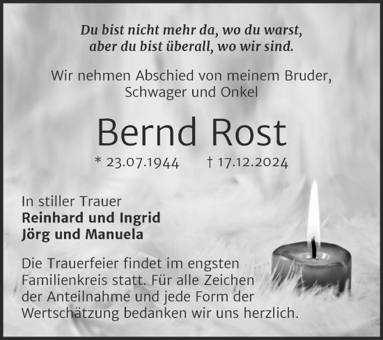 Traueranzeige von Bernd Rost von Trauerkombi Mansfelder Land