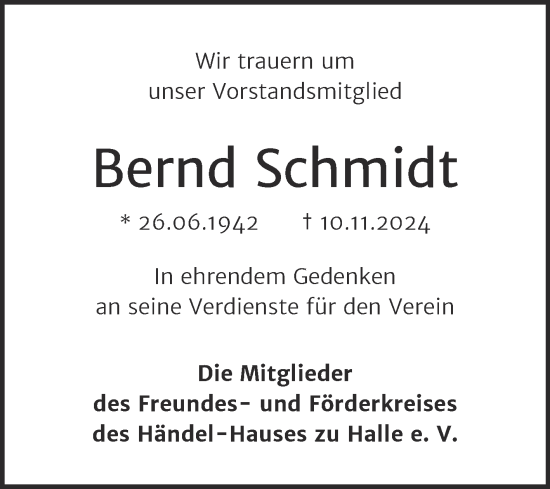 Traueranzeige von Bernd Schmidt von Mitteldeutsche Zeitung Halle/Saalkreis