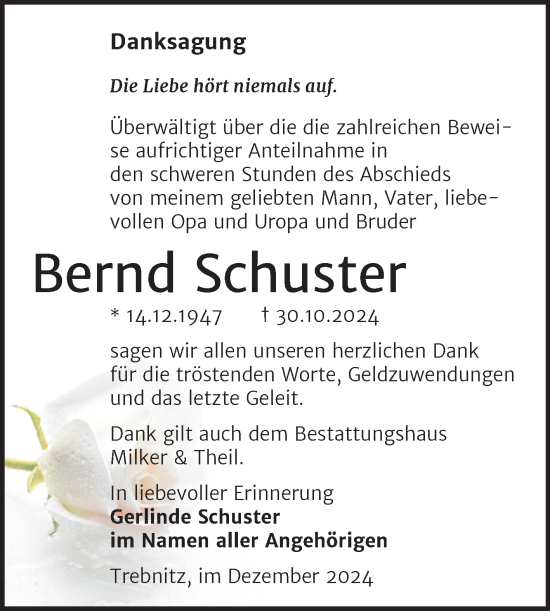 Traueranzeige von Bernd Schuster von Trauerkombi Weißenfels