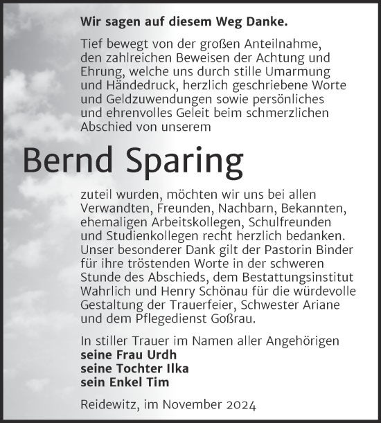 Traueranzeige von Bernd Sparing von Trauerkombi Mansfelder Land