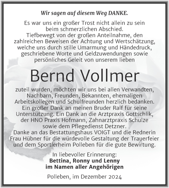 Traueranzeige von Bernd Vollmer von Trauerkombi Mansfelder Land