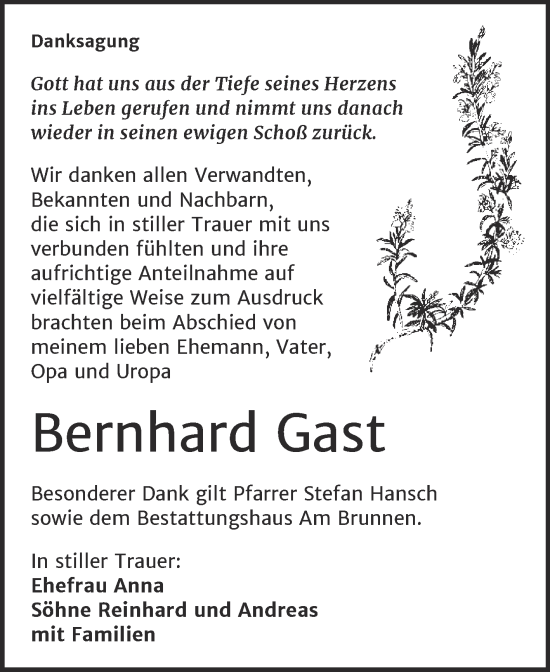 Traueranzeige von Bernhard Gast von Trauerkombi Mansfelder Land