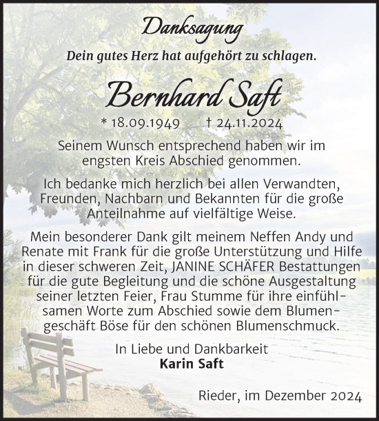Traueranzeige von Bernhard Saft von Trauerkombi Quedlinburg