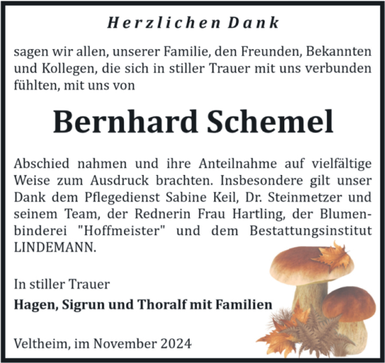 Traueranzeige von Bernhard Schemel von Volksstimme Halberstadt