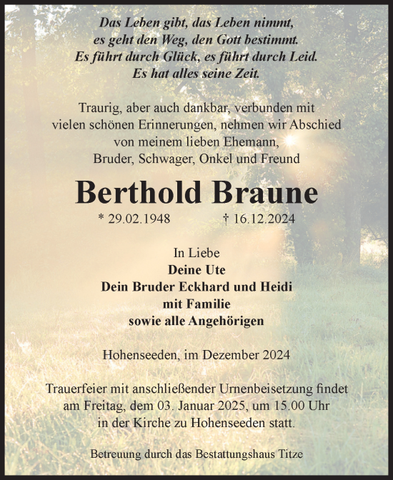 Traueranzeige von Berthold Braune von Volksstimme Burg/Genthin