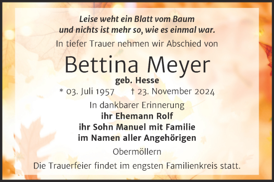 Traueranzeige von Bettina Meyer von Super Sonntag Naumburg/Nebra