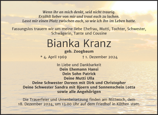 Traueranzeige von Bianka Kranz von Trauerkombi Köthen