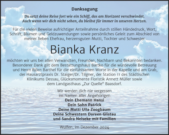 Traueranzeige von Bianka Kranz von Trauerkombi Köthen