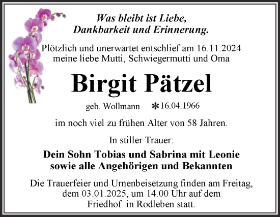 Traueranzeige von Birgit Pätzel von Trauerkombi Dessau