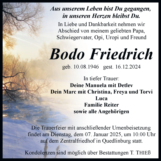 Traueranzeige von Bodo Friedrich von Trauerkombi Quedlinburg