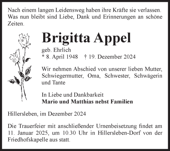 Traueranzeige von Brigitta Appel von Volksstimme Haldensleben/Wolmirstedt