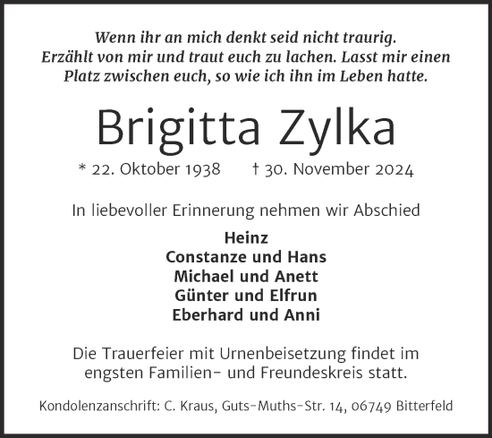 Traueranzeige von Brigitta Zylka von Trauerkombi Bitterfeld
