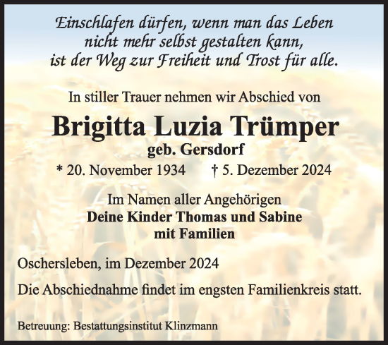 Traueranzeige von Brigitta Luzia Trümper von Volksstimme Oschersleben/Wanzleben