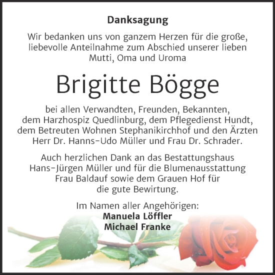 Traueranzeige von Brigitte Bögge von Trauerkombi Aschersleben