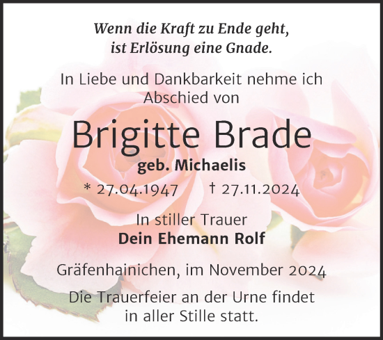 Traueranzeige von Brigitte Brade von Trauerkombi Wittenberg