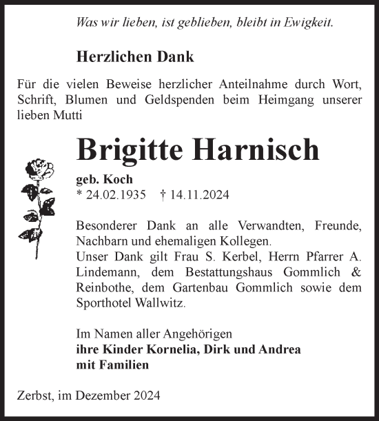 Traueranzeige von Brigitte Harnisch von Volksstimme Zerbst