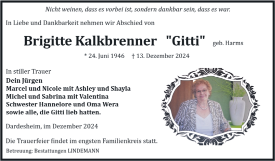 Traueranzeige von Brigitte Kalkbrenner von Volksstimme Halberstadt