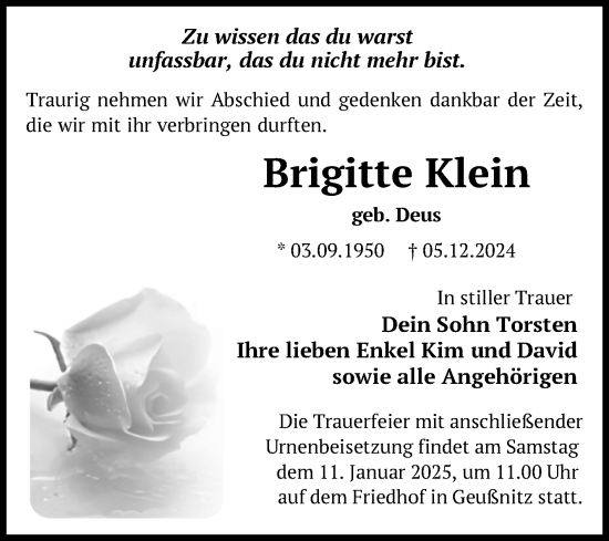 Traueranzeige von Brigitte Klein von Trauerkombi Zeitz