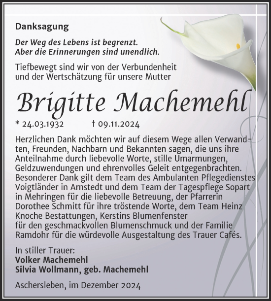 Traueranzeige von Brigitte Machemehl von Trauerkombi Aschersleben