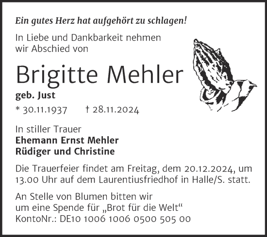 Traueranzeige von Brigitte Mehler von Mitteldeutsche Zeitung Halle/Saalkreis
