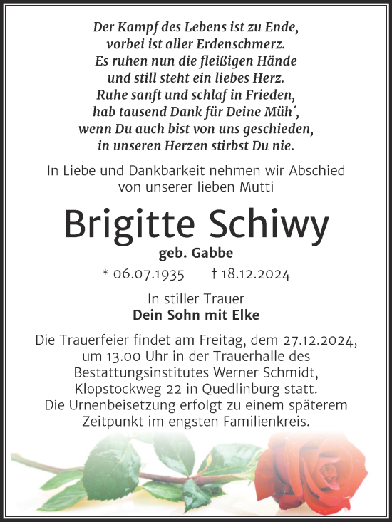 Traueranzeige von Brigitte Schiwy von Mitteldeutsche Zeitung Quedlingburg
