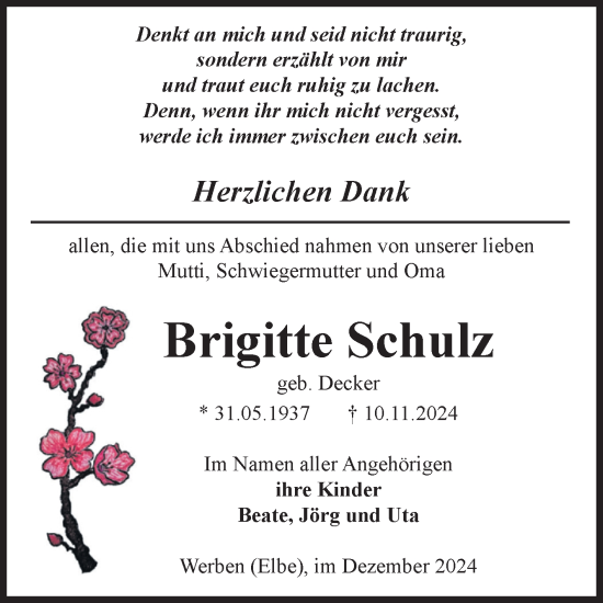 Traueranzeige von Brigitte Schulz von Volksstimme Altmark Ost
