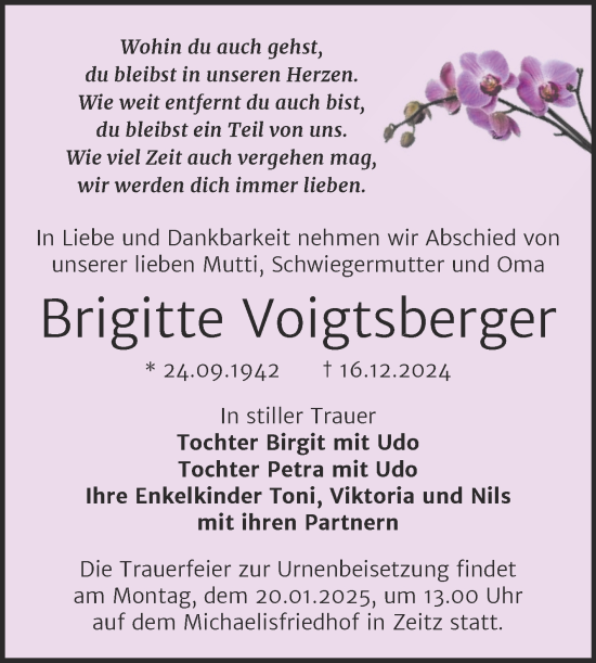 Traueranzeige von Brigitte Voigtsberger von Trauerkombi Zeitz