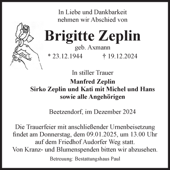 Traueranzeige von Brigitte Zeplin von Volksstimme Altmark West