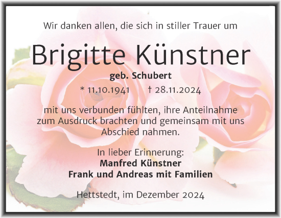 Traueranzeige von Brigittette Künstner von Trauerkombi Mansfelder Land
