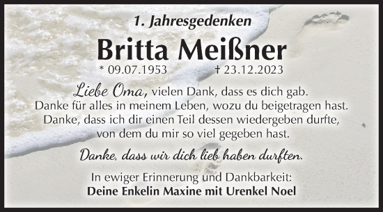Traueranzeige von Britta Meißner von Trauerkombi Köthen