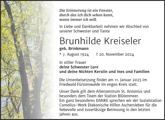 Traueranzeige von Brunhilde Kreiseler von Mitteldeutsche Zeitung Aschersleben
