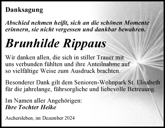 Traueranzeige von Brunhilde Rippaus von Trauerkombi Aschersleben