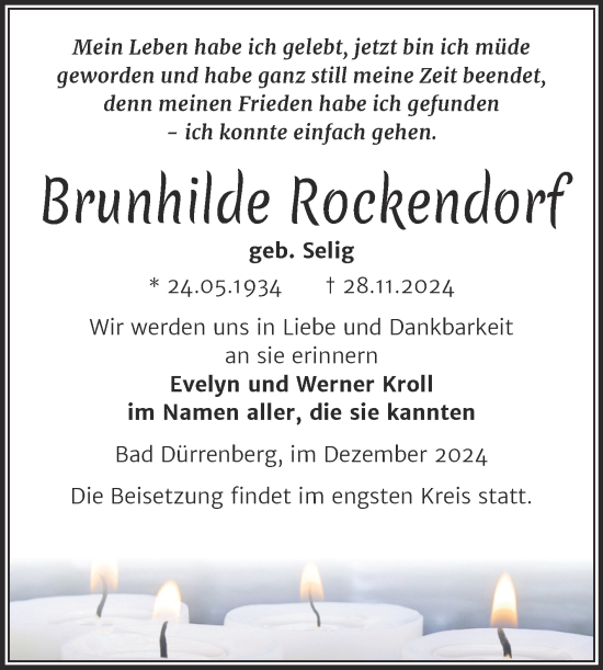 Traueranzeige von Brunhilde Rockendorf von Trauerkombi Merseburg