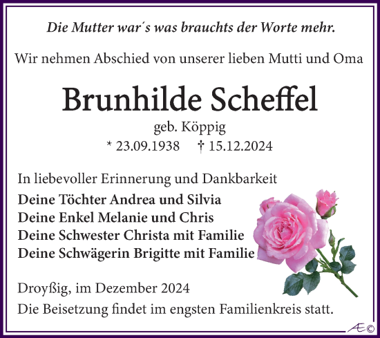 Traueranzeige von Brunhilde Scheffel von Trauerkombi Zeitz