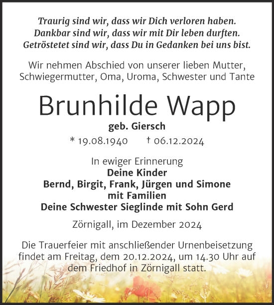 Traueranzeige von Brunhilde Wapp von Trauerkombi Wittenberg