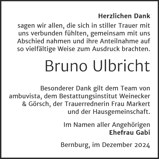 Traueranzeige von Bruno Ulbricht von Trauerkombi Bernburg