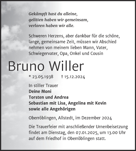 Traueranzeige von Bruno Willer von Trauerkombi Sangerhausen