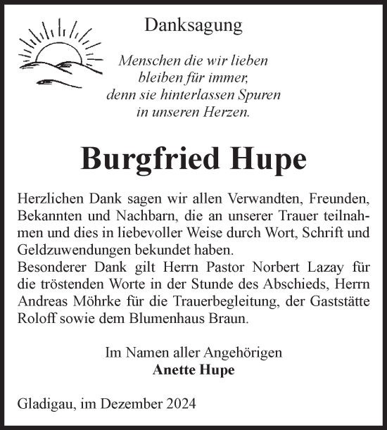Traueranzeige von Burgfried Hupe von Volksstimme Altmark Ost
