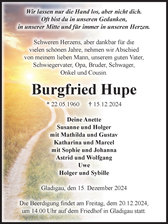 Traueranzeige von Burgfried Hupe von Volksstimme Altmark Ost