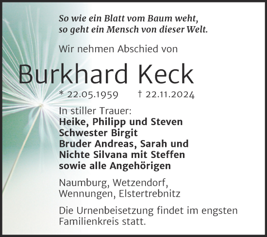 Traueranzeige von Burkhard Keck von Super Sonntag Naumburg/Nebra