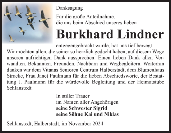 Traueranzeige von Burkhard Lindner von Volksstimme Halberstadt