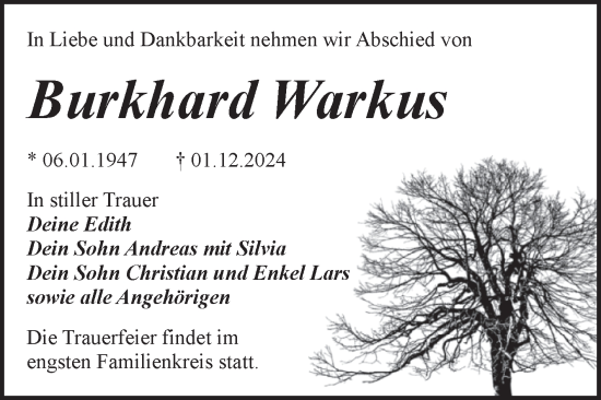 Traueranzeige von Burkhard Warkus von Trauerkombi Bitterfeld
