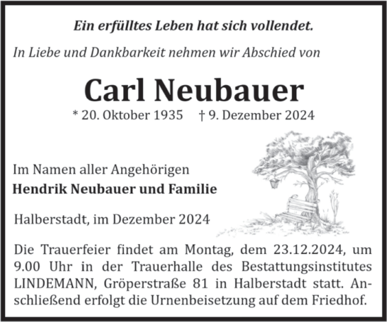 Traueranzeige von Carl Neubauer von Volksstimme Halberstadt