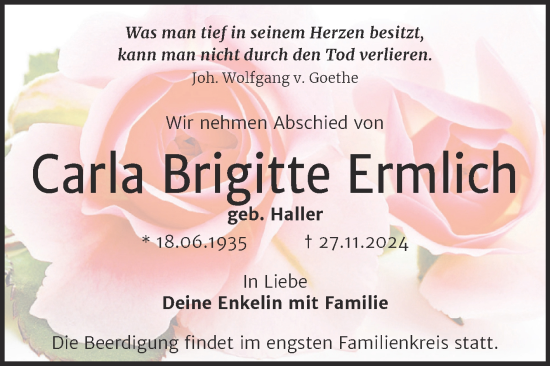 Traueranzeige von Carla Brigitte Ermlich von Mitteldeutsche Zeitung Halle/Saalkreis