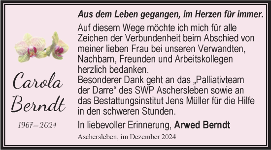 Traueranzeige von Carola Berndt von Trauerkombi Aschersleben