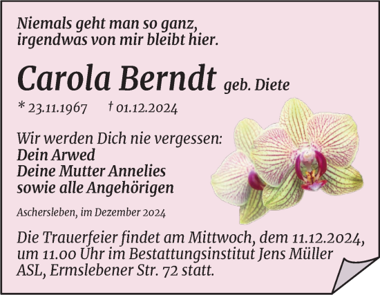 Traueranzeige von Carola Berndt von Trauerkombi Aschersleben