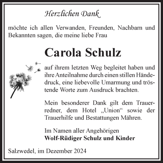 Traueranzeige von Carola Schulz von Volksstimme Altmark West